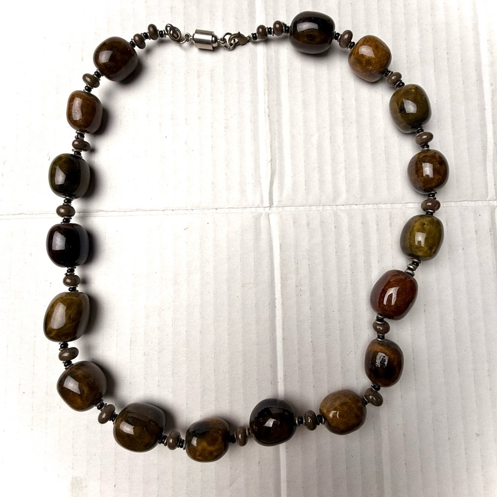 Vintage Brown Glass Beaded Chunky Necklace Natural Bohemian Brown Glossy Polish
